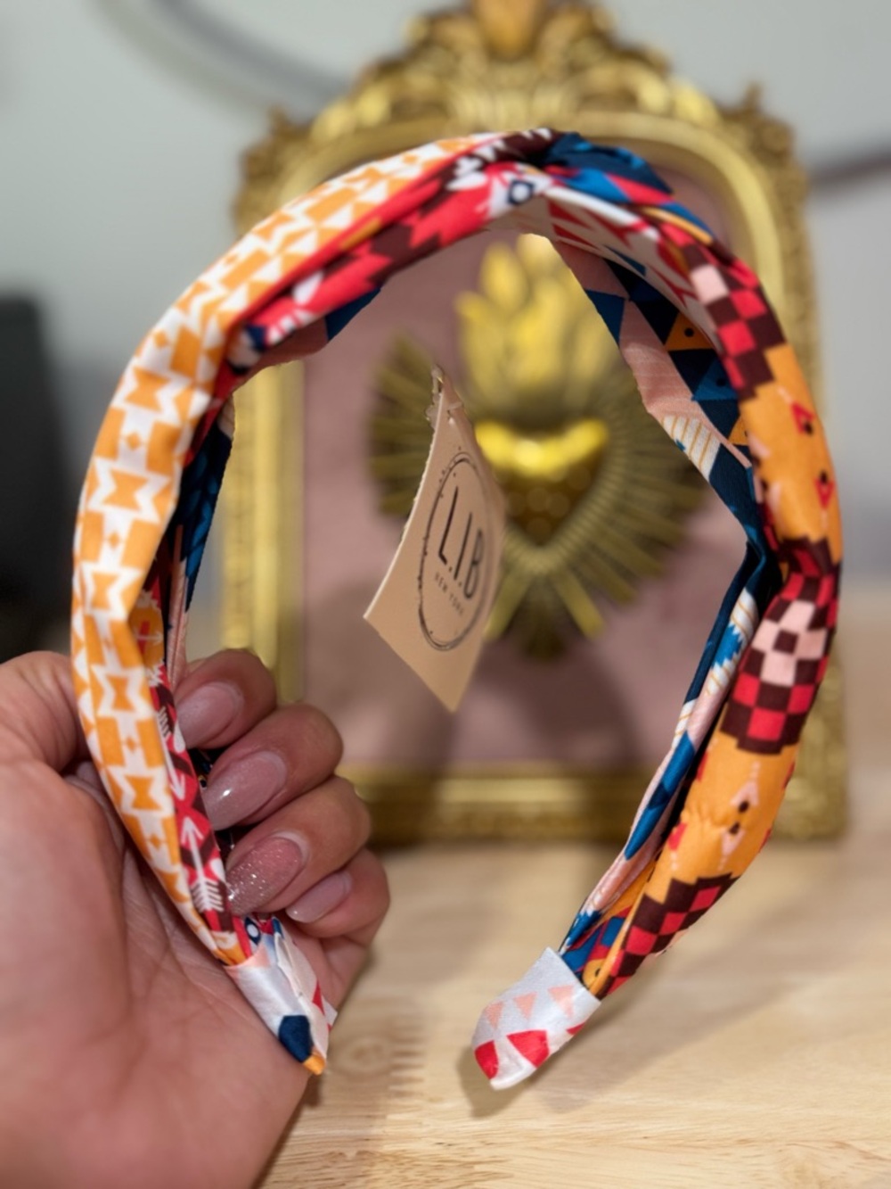 Multicolor Twisted Fabric Headband - Orange & Blue Pattern